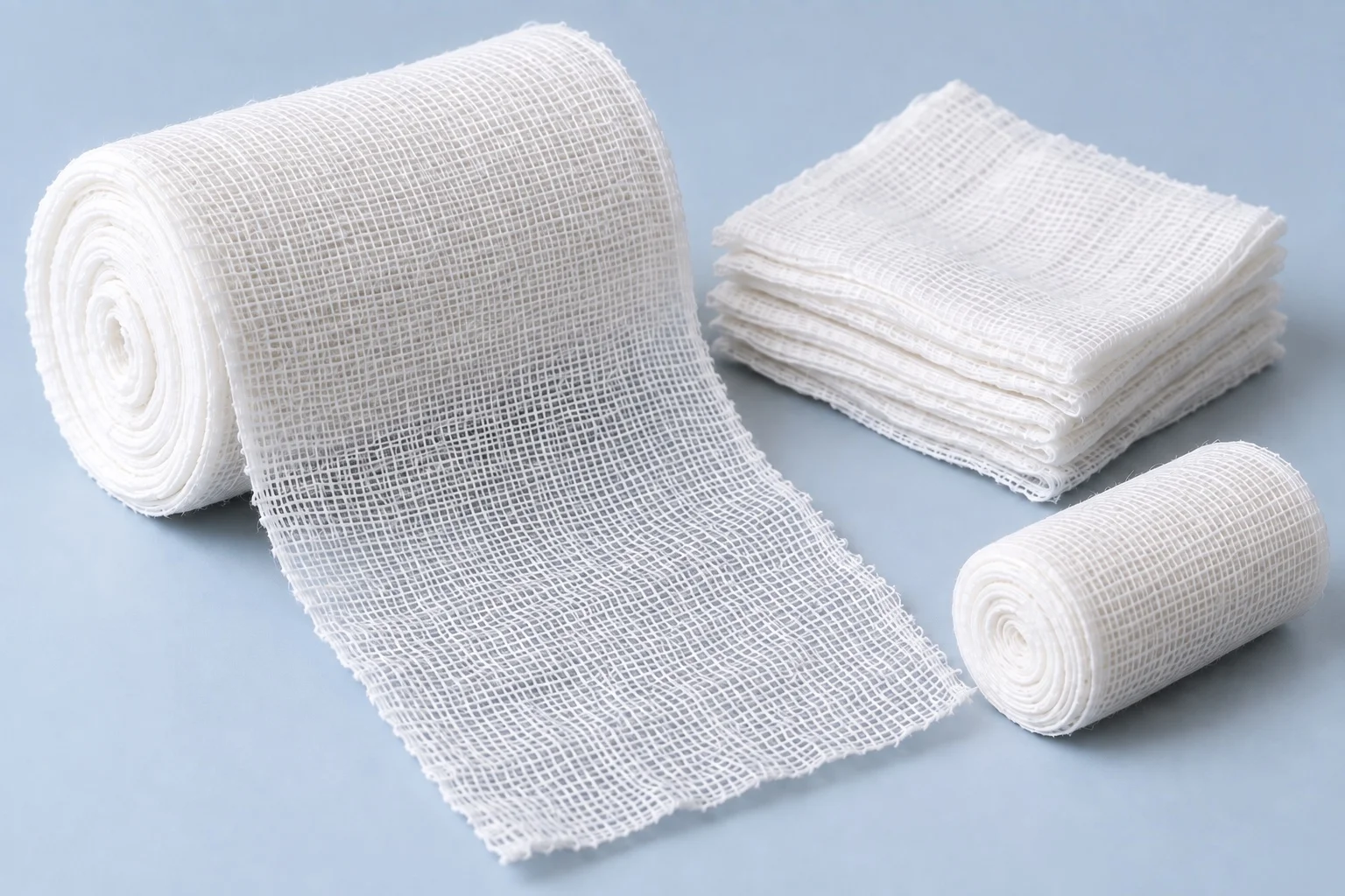Illustration of woven cotton gauze rolls and folded gauze squares